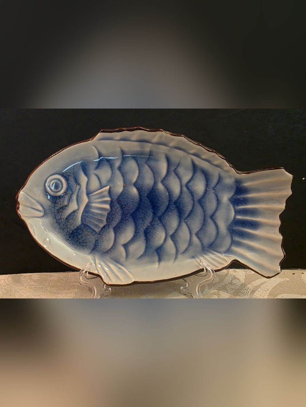 Kafuh Japan Blue Fish Shaped Plate Brown Trim Hand Crafted in Japan 8.5"×5"